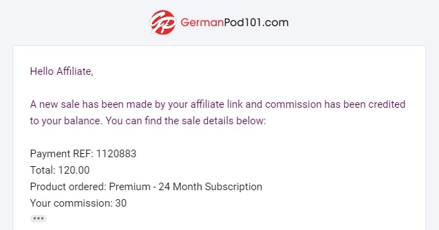 Email de venta de afiliados a Germanpod101