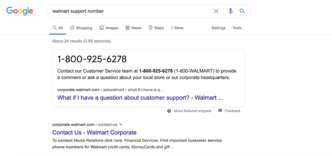 Resultados de la búsqueda en Google del número de asistencia de Walmart