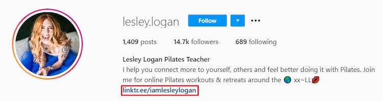 Lesley Logan Instagram Linktree en el perfil
